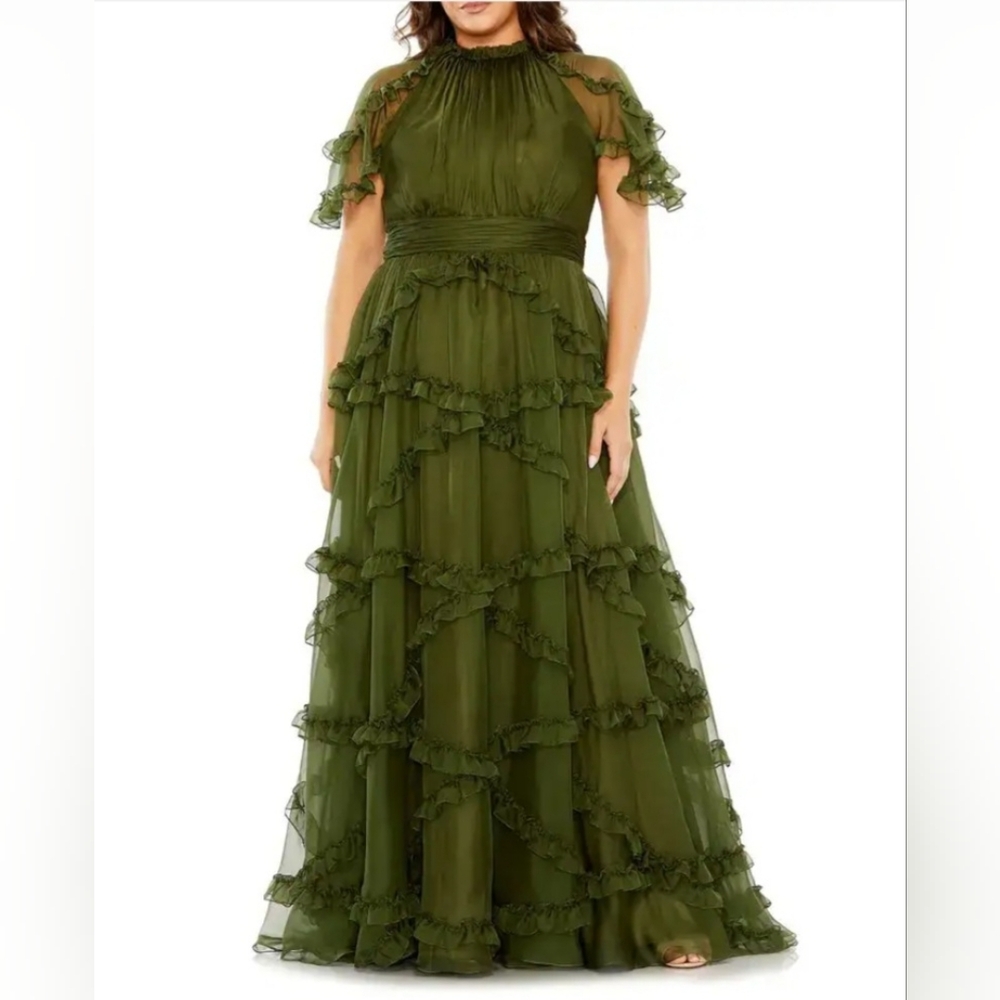 Mac Duggal Olive Green Ruffled Tiered Maxi Dress